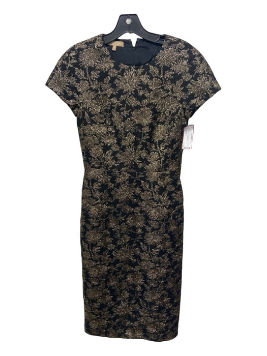 Michael Kors Size 4 Black & Gold Jacquard Floral Cap Sleeve Midi Dress Black & Gold / 4