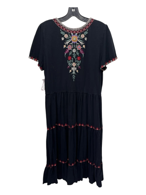 Johnny Was Size M Navy Multi Cotton Embroidered Floral V Neck Midi Dress Navy Multi / M