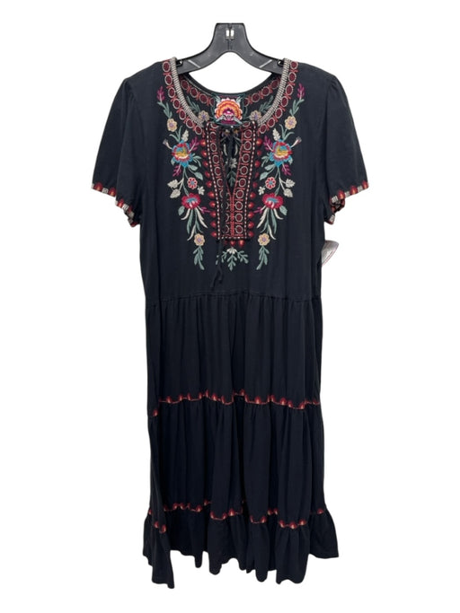 Johnny Was Size M Navy Multi Cotton Embroidered Floral V Neck Midi Dress Navy Multi / M