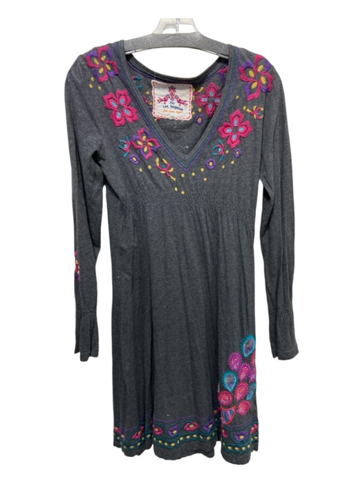 Johnny Was Size S gray multi Cotton Embroidered Floral V Neck Long Sleeve Dress gray multi / S