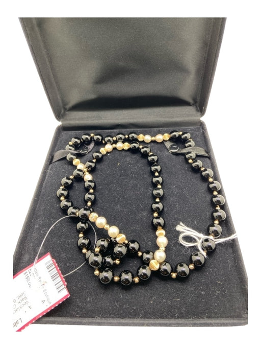 Black, Cream, Gold Onyx & Pearl 14K Gold Balls Long Necklace Black, Cream, Gold