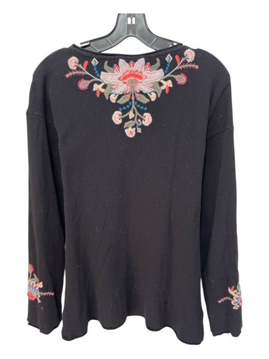 Johnny Was Size M/L Black & Multi Cotton Waffle Knit Floral Embroidery Top Black & Multi / M/L