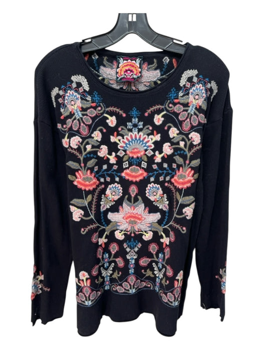 Johnny Was Size M/L Black & Multi Cotton Waffle Knit Floral Embroidery Top Black & Multi / M/L