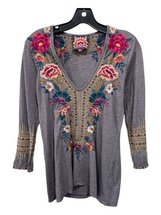 Johnny Was Size Small Mauve, Teal & Multi Cotton Long Sleeve V Neck Top Mauve, Teal & Multi / Small