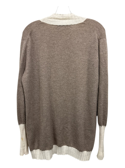 Brodie Size L Brown & Cream Cashmere Rib Knit Ribbed Panel Patch Pocket Cardigan Brown & Cream / L