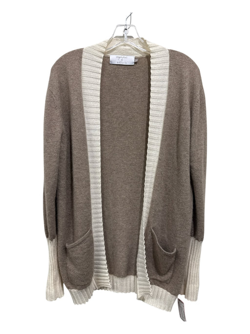 Brodie Size L Brown & Cream Cashmere Rib Knit Ribbed Panel Patch Pocket Cardigan Brown & Cream / L