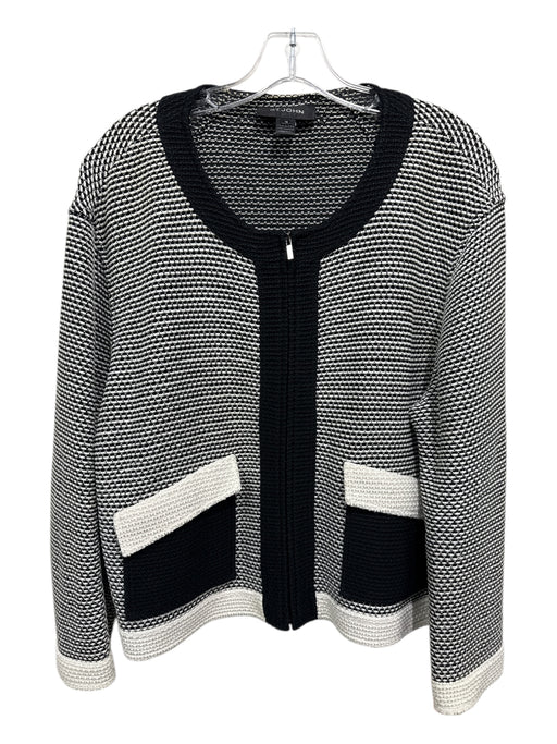 St. John Size 16 Black & White Rayon & Wool Textured Zip Up Color Block Cardigan Black & White / 16