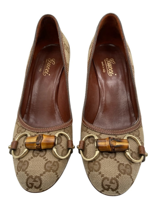 Gucci Shoe Size 6 Brown & Cream Canvas Guccisima Gold Hardware Round Toe Pumps Brown & Cream / 6