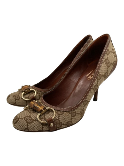 Gucci Shoe Size 6 Brown & Cream Canvas Guccisima Gold Hardware Round Toe Pumps Brown & Cream / 6