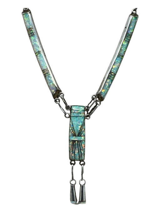 D. Lucio Silver & Iridescent 925 Silver Opal Bars Link Chain Fish Hook Necklace Silver & Iridescent