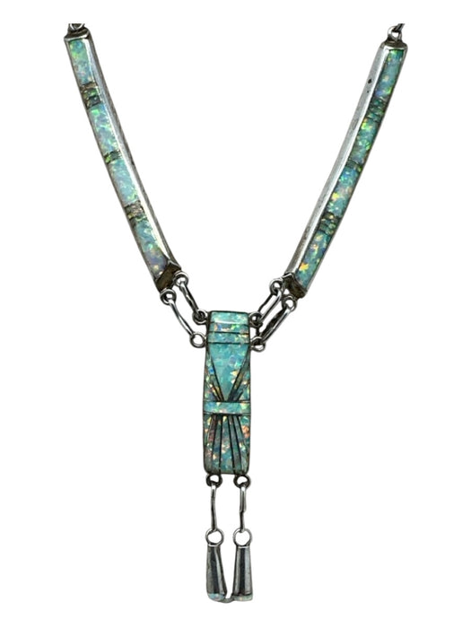 D. Lucio Silver & Iridescent 925 Silver Opal Bars Link Chain Fish Hook Necklace Silver & Iridescent