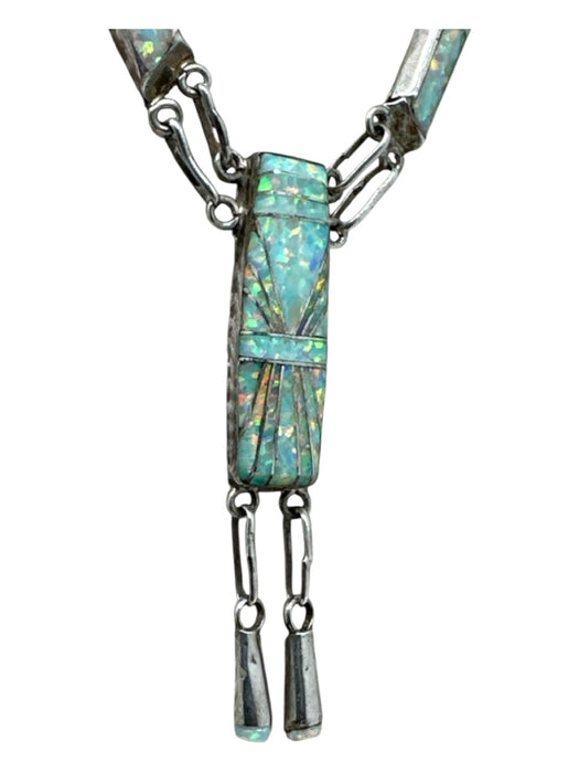 D. Lucio Silver & Iridescent 925 Silver Opal Bars Link Chain Fish Hook Necklace Silver & Iridescent