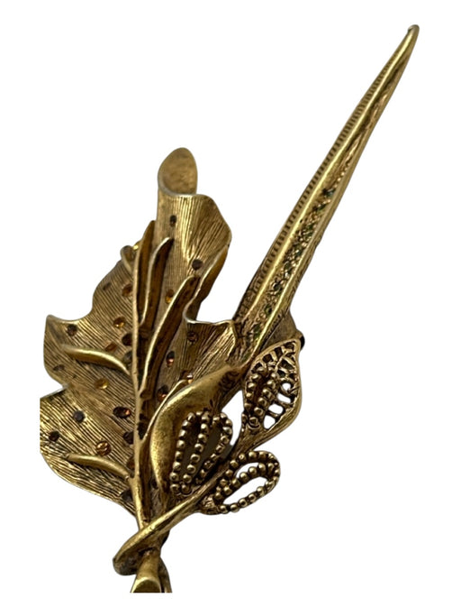 Oscar dela Renta Gold & Brown Gold Tone Metal Leaves Crystals Tear Drop Brooch Gold & Brown