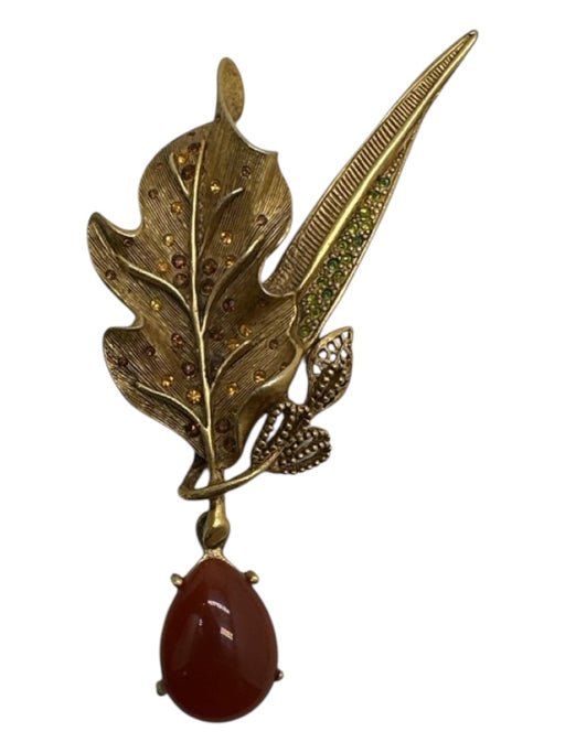 Oscar dela Renta Gold & Brown Gold Tone Metal Leaves Crystals Tear Drop Brooch Gold & Brown