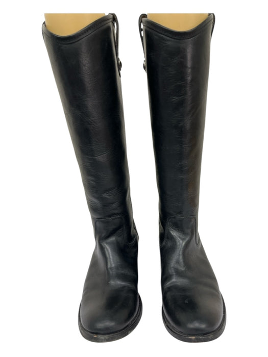 Frye Shoe Size 7 Black Leather Round Toe Below Knee Block Heel Pull Tabs Boots Black / 7