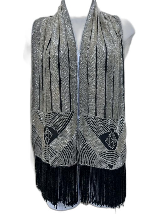 Ralph Lauren Black & Silver Silk Beaded Fringe Vintage Art Deco scarf Black & Silver