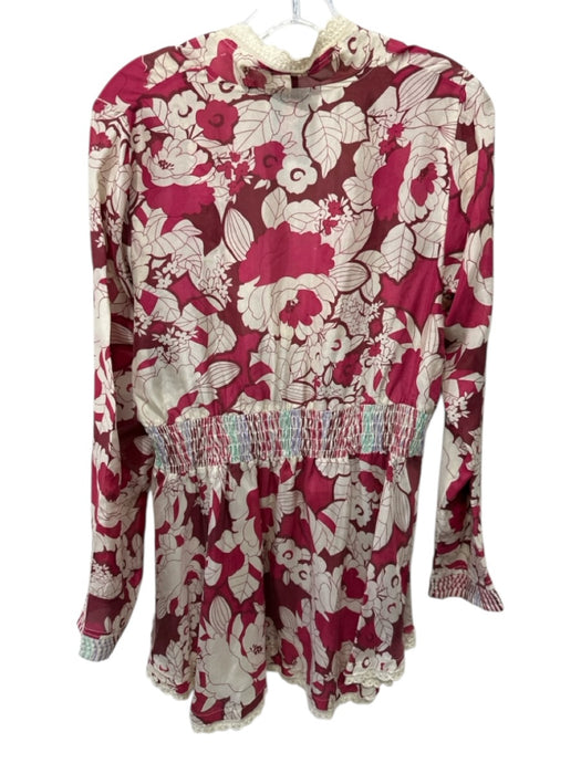 Johnny Was Size Small Red & White Silk Long Sleeve Floral Smocked Waist Dress Red & White / Small
