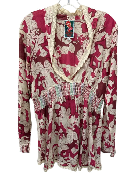 Johnny Was Size Small Red & White Silk Long Sleeve Floral Smocked Waist Dress Red & White / Small
