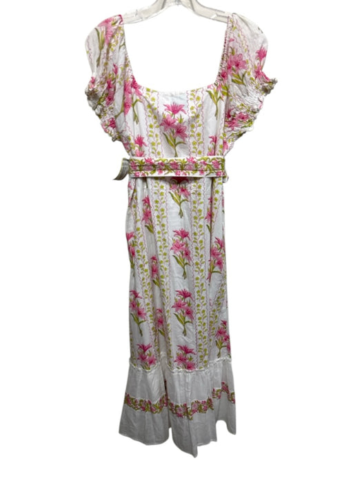 ISLAPAYAL Size Large White, Pink, Green Cotton Short Puff Sleeve Floral Dress White, Pink, Green / Large