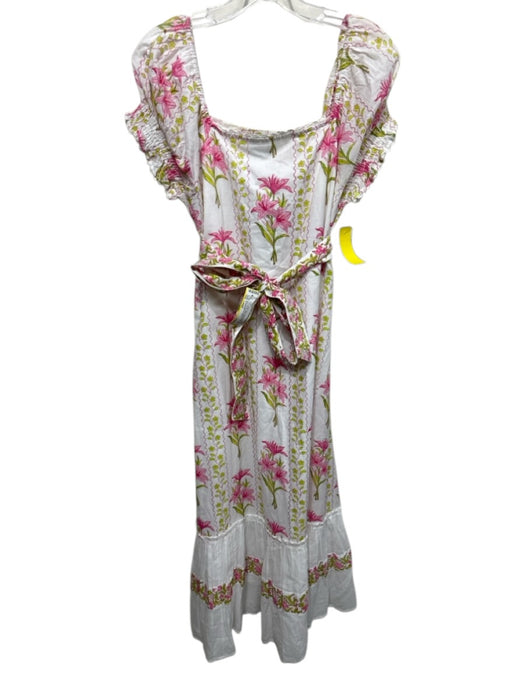 ISLAPAYAL Size Large White, Pink, Green Cotton Short Puff Sleeve Floral Dress White, Pink, Green / Large