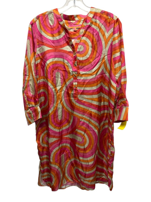 Vilagallo Size 40 Red, Pink, Orange Silk Long Sleeve Abstract Print Dress Red, Pink, Orange / 40
