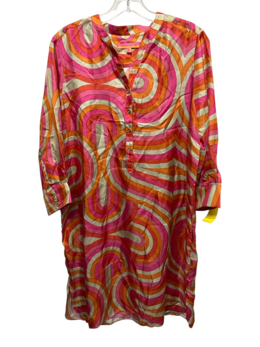 Vilagallo Size 40 Red, Pink, Orange Silk Long Sleeve Abstract Print Dress Red, Pink, Orange / 40
