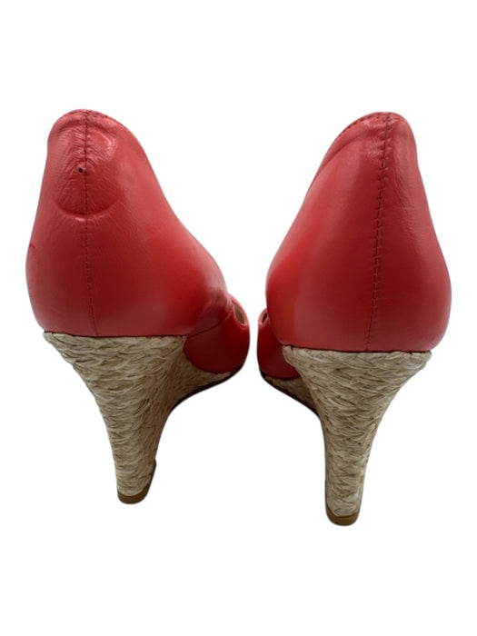 LK Bennett Shoe Size 38 Coral Pink Leather Raffia Peep Toe Espadrille Wedges Coral Pink / 38