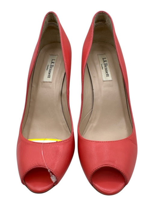 LK Bennett Shoe Size 38 Coral Pink Leather Raffia Peep Toe Espadrille Wedges Coral Pink / 38