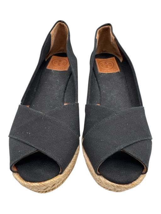 Tory Burch Shoe Size 10 Black Canvas & Leather Raffia Peep Toe Espadrille Wedges Black / 10