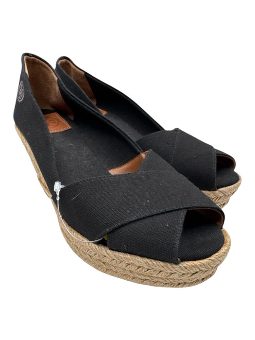 Tory Burch Shoe Size 10 Black Canvas & Leather Raffia Peep Toe Espadrille Wedges Black / 10