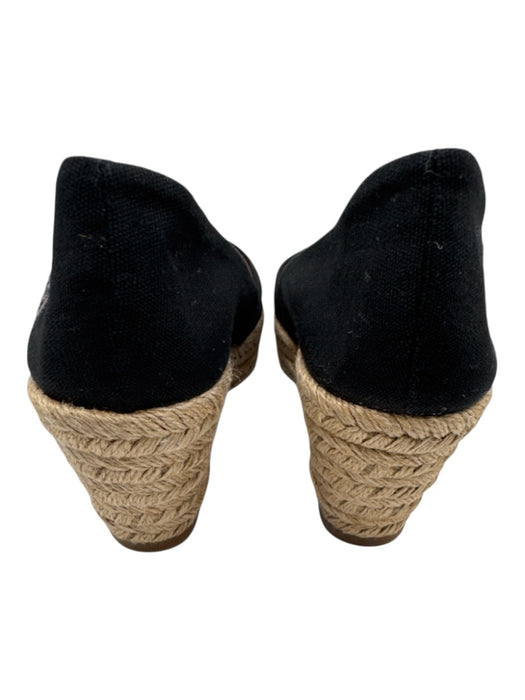 Tory Burch Shoe Size 10 Black Canvas & Leather Raffia Peep Toe Espadrille Wedges Black / 10