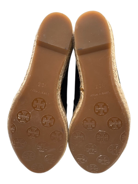 Tory Burch Shoe Size 10 Black Canvas & Leather Raffia Peep Toe Espadrille Wedges Black / 10