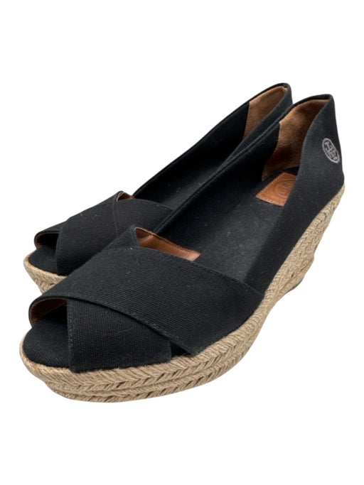 Tory Burch Shoe Size 10 Black Canvas & Leather Raffia Peep Toe Espadrille Wedges Black / 10