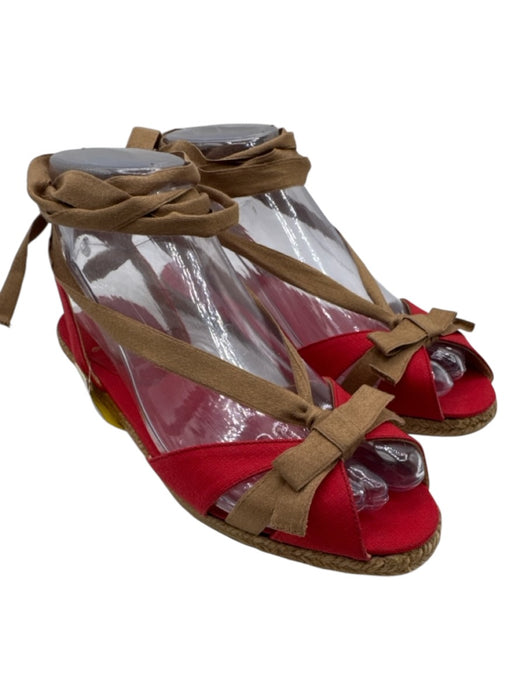 Christian Louboutin Shoe Size 36 Red & Brown Canvas & Raffia Peep Toe Espadrille Red & Brown / 36