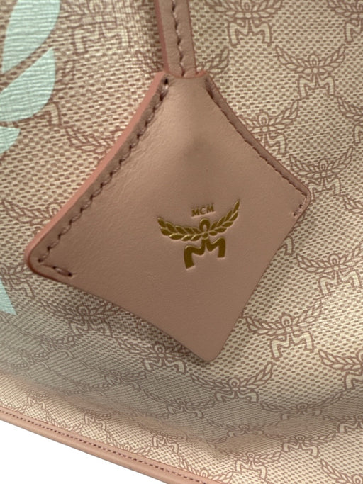 MCM Pink & White Coated Canvas Shoulder Strap Logo Gold Hardware Tote Bag Pink & White / Medium