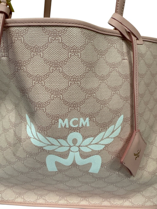 MCM Pink & White Coated Canvas Shoulder Strap Logo Gold Hardware Tote Bag Pink & White / Medium