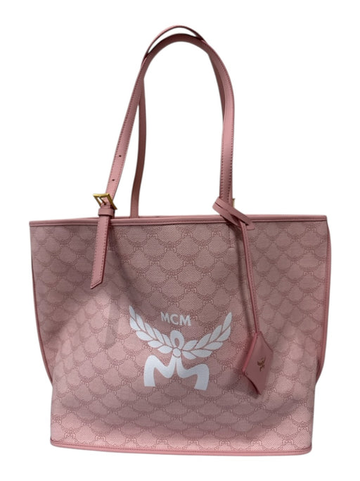 MCM Pink & White Coated Canvas Shoulder Strap Logo Gold Hardware Tote Bag Pink & White / Medium