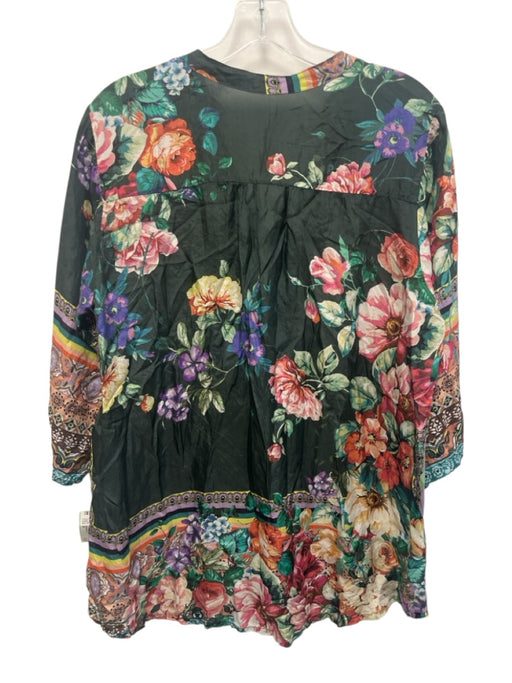 Johnny Was Size M Brown, Turquoise & Multi Silk 3/4 Sleeve Floral & Abstract Top Brown, Turquoise & Multi / M