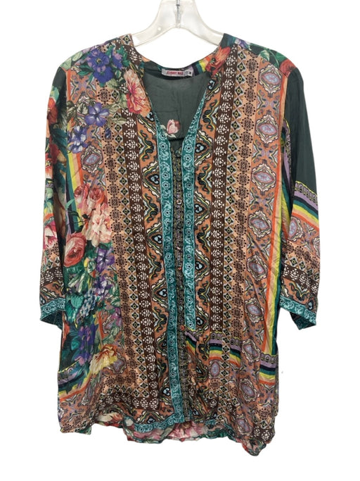 Johnny Was Size M Brown, Turquoise & Multi Silk 3/4 Sleeve Floral & Abstract Top Brown, Turquoise & Multi / M