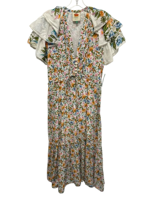 Farm Rio Size S White, Green & Multi Cotton Tiered Ruffle Cap Sleeve Maxi Dress White, Green & Multi / S