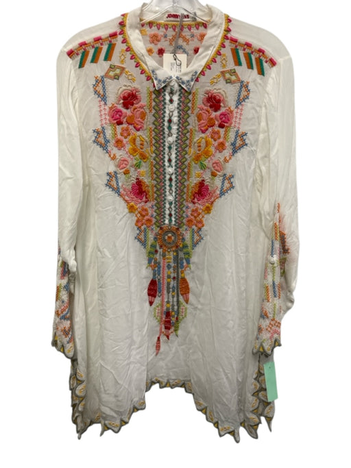 Johnny Was Size L White, Red & Multi Cupra Rayon Long Sleeve 1/4 Button Top White, Red & Multi / L