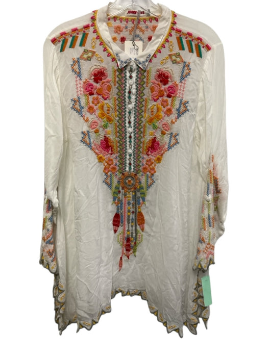 Johnny Was Size L White, Red & Multi Cupra Rayon Long Sleeve 1/4 Button Top White, Red & Multi / L