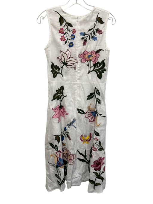 Fanm Mon Size XS White, Pink & Multi Linen Sleeveless Floral Embroidery Dress White, Pink & Multi / XS