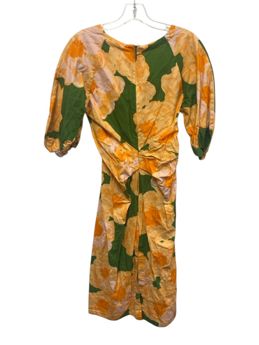 Eudon Choi Size 8 Green & Orange Cotton & Linen 1/2 Balloon Sleeve Floral Dress Green & Orange / 8