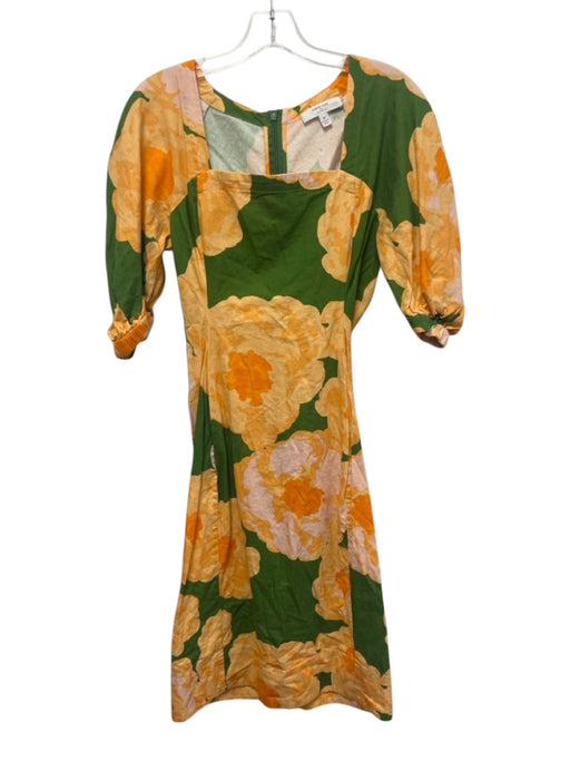 Eudon Choi Size 8 Green & Orange Cotton & Linen 1/2 Balloon Sleeve Floral Dress Green & Orange / 8