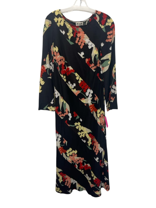 Rixo Size 8 Black, Red & Yellow Silk Floral Long Sleeve Diagonal Stripe Dress Black, Red & Yellow / 8