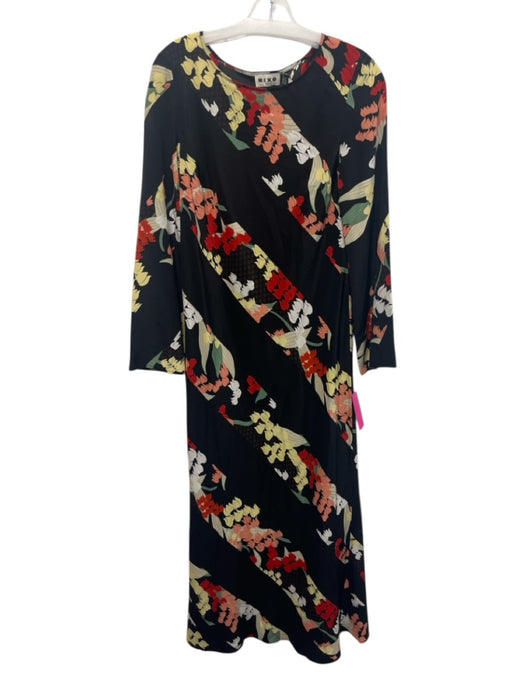 Rixo Size 8 Black, Red & Yellow Silk Floral Long Sleeve Diagonal Stripe Dress Black, Red & Yellow / 8
