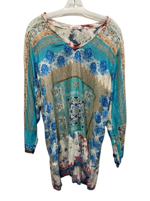Johnny Was Size M Blue, Brown & Orange Silk Bandana Print Long Sleeve Dress Blue, Brown & Orange / M