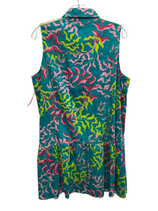 Emily McCarthy Size L Teal Blue, Pink & Green Cotton Blend Botanical Dress Teal Blue, Pink & Green / L