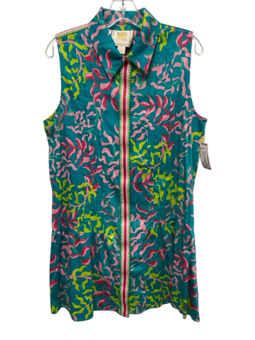 Emily McCarthy Size L Teal Blue, Pink & Green Cotton Blend Botanical Dress Teal Blue, Pink & Green / L